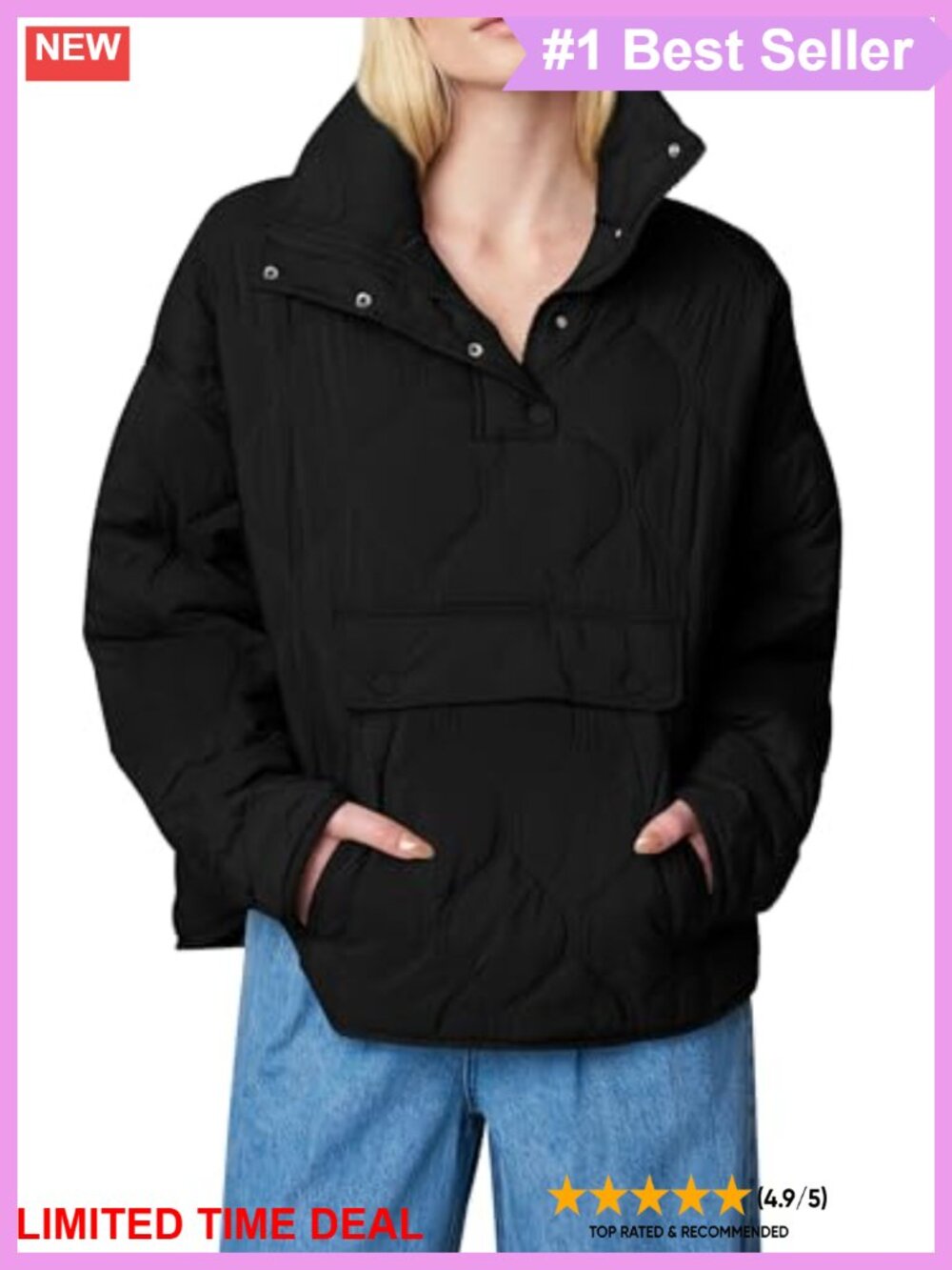 Womens Quilted Puffer Pullover Jacket Half Zip Lightweight Coat